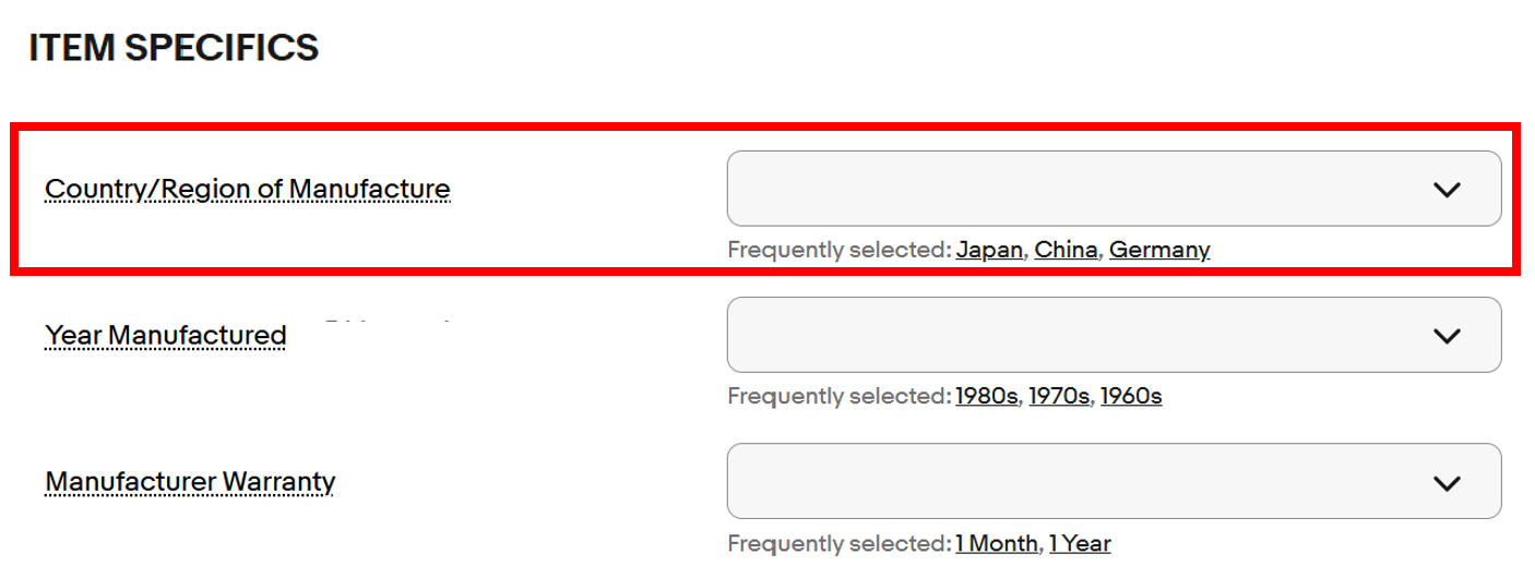 Item specifics製造国／地域（Country/Region of Manufacture)入力 